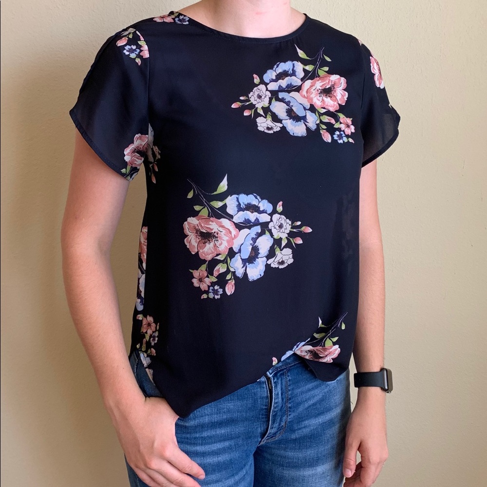 Baby blue and pink floral blouse.